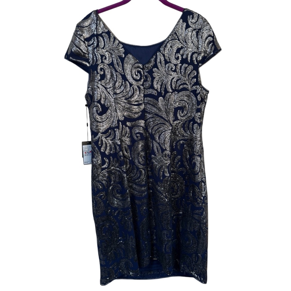 Adrianna Papell Navy Silver Beaded Gown Dress Sz 14W Formal Evening Cocktail